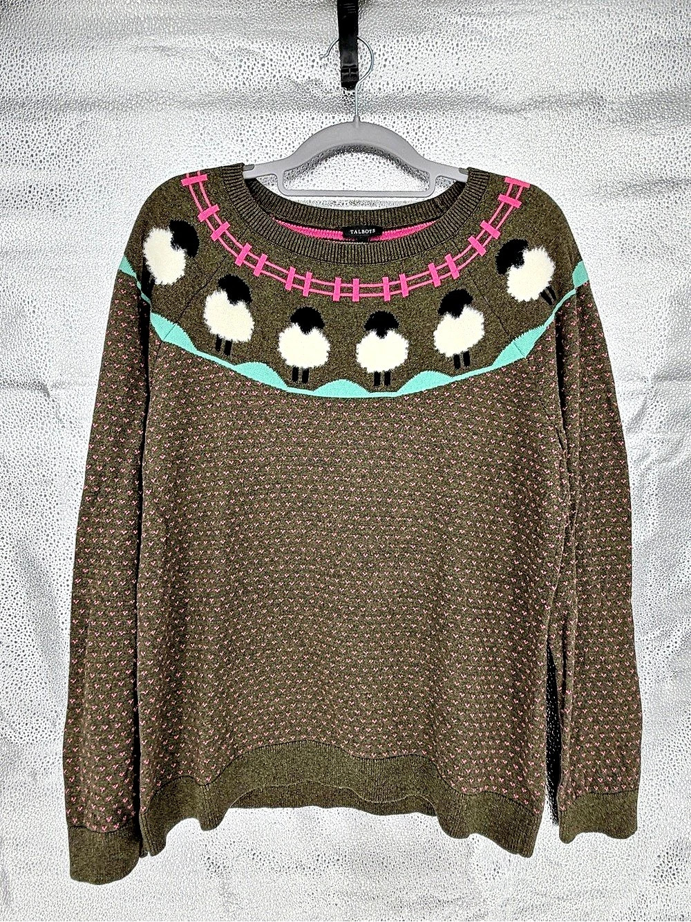 Talbots Sheep Yoke Crewneck Sweater Brown & Pink Large